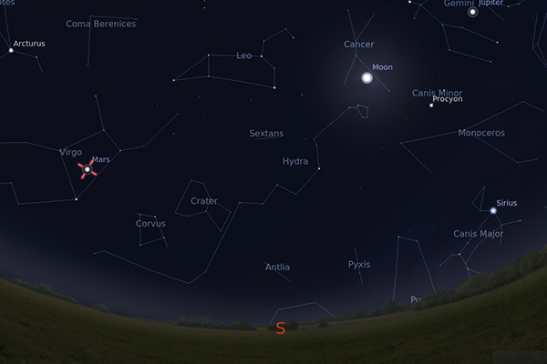 A look at how the night sky should appear April 8, when Mars is at opposition. Click for a larger image. (Graphic courtesy Stellarium & UW Space Place)